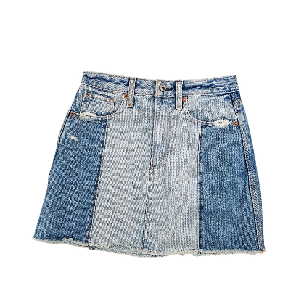 Two Tone Denim Mini Skirt Colorblock Distressed Raw Hem‎ Y2K Jean Skirt 26/2